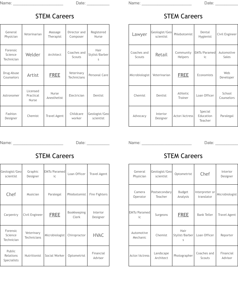 STEM Careers Bingo Cards