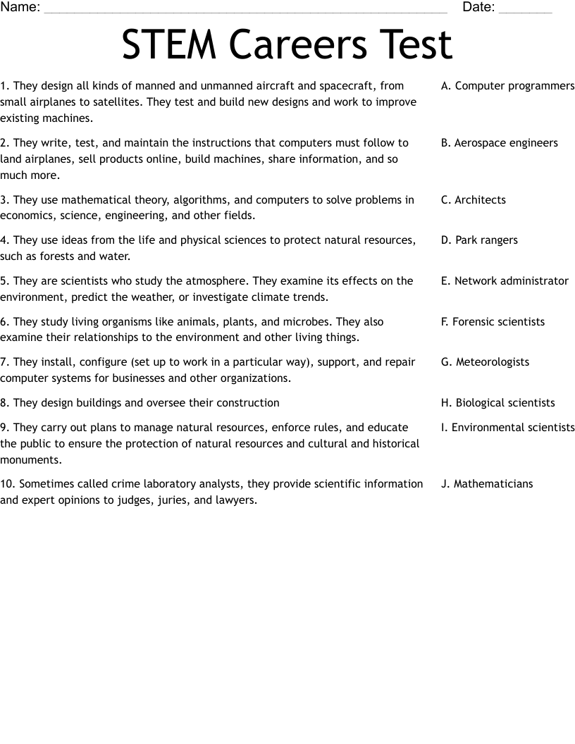 STEM Careers Test Worksheet