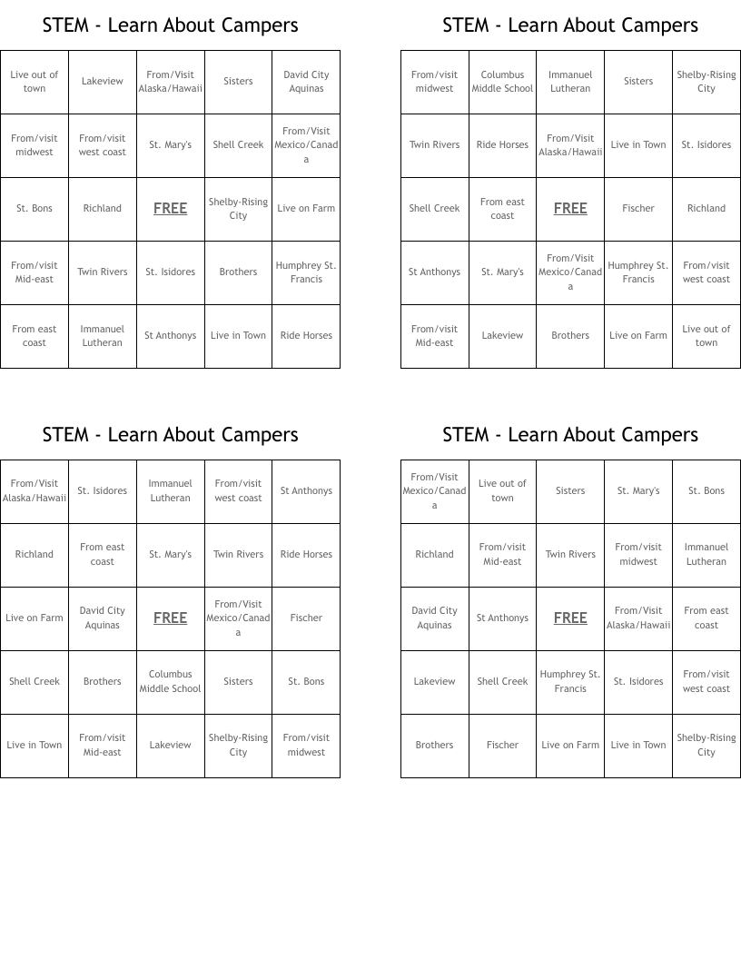 STEM - Learn About Campers Bingo Cards