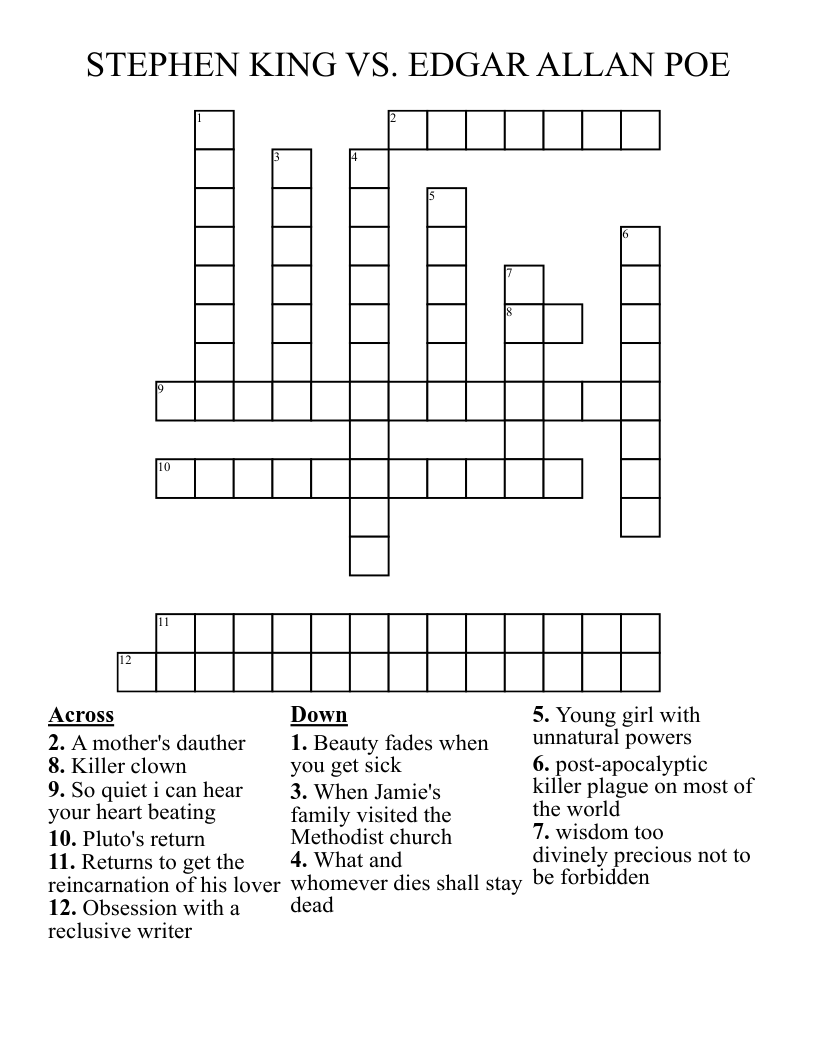 STEPHEN KING VS. EDGAR ALLAN POE Crossword