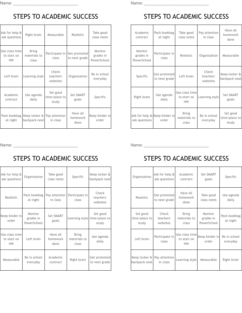 STEPS TO ACADEMIC SUCCESS Bingo Cards