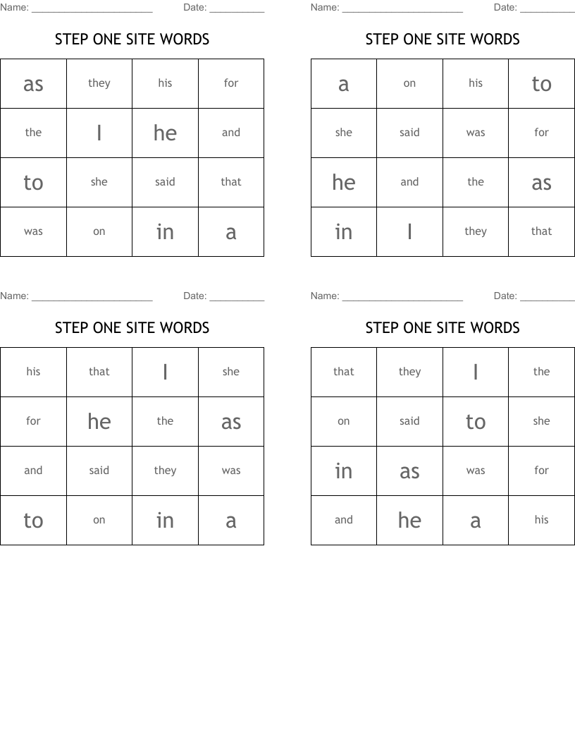 STEP ONE SITE WORDS Bingo Cards