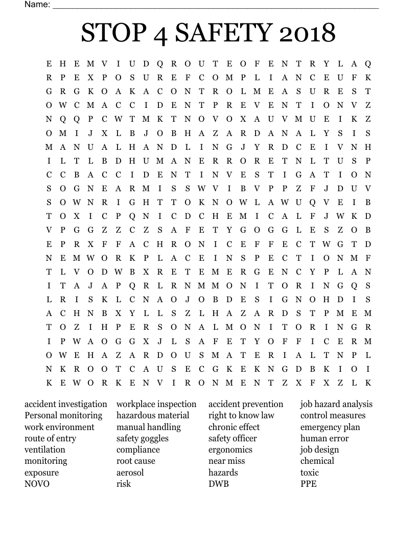 STOP 4 SAFETY 2018 Word Search