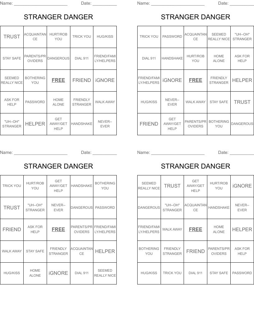 STRANGER DANGER Bingo Cards