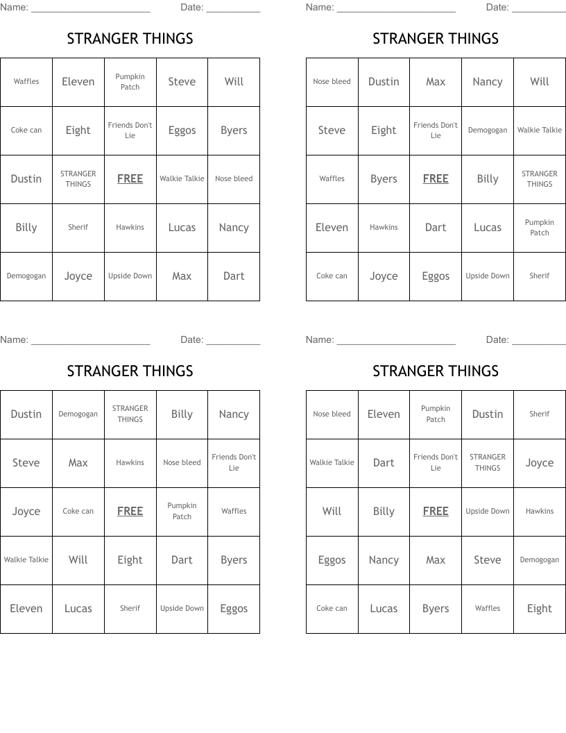 STRANGER THINGS Bingo Cards