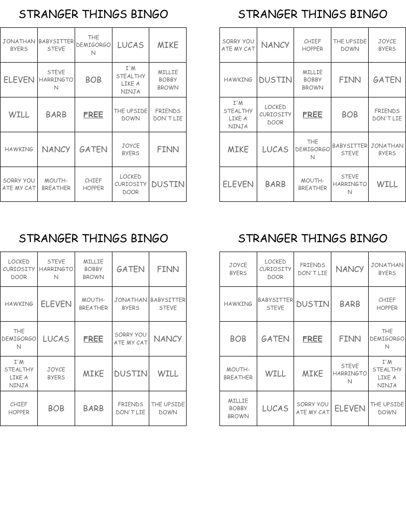 STRANGER THINGS BINGO