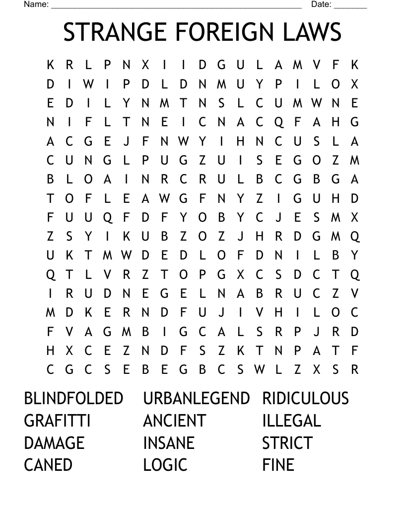 STRANGE FOREIGN LAWS Word Search