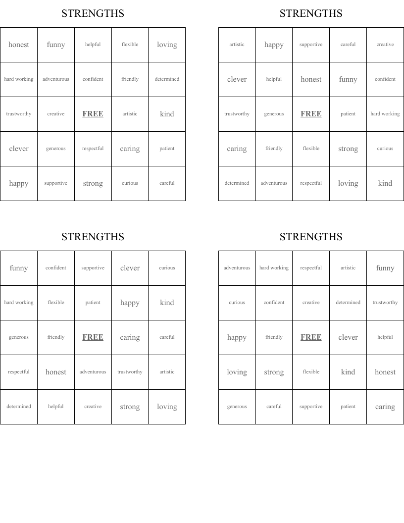 STRENGTHS Bingo Cards