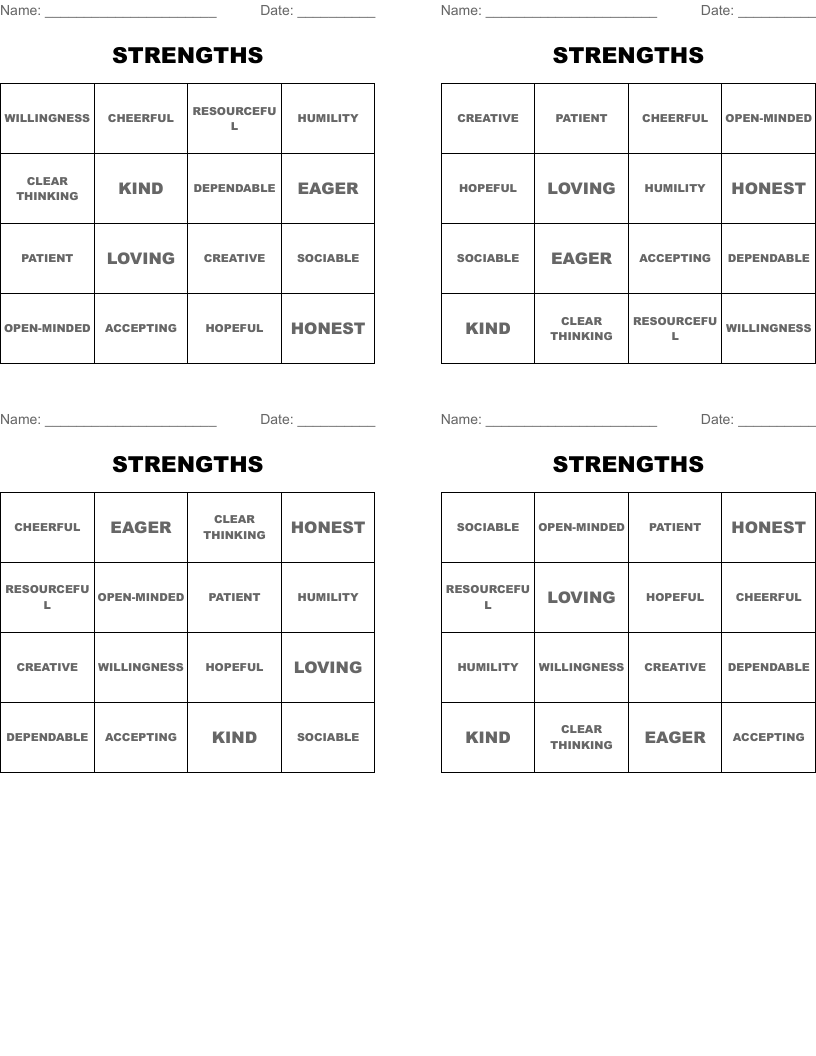 STRENGTHS Bingo Cards