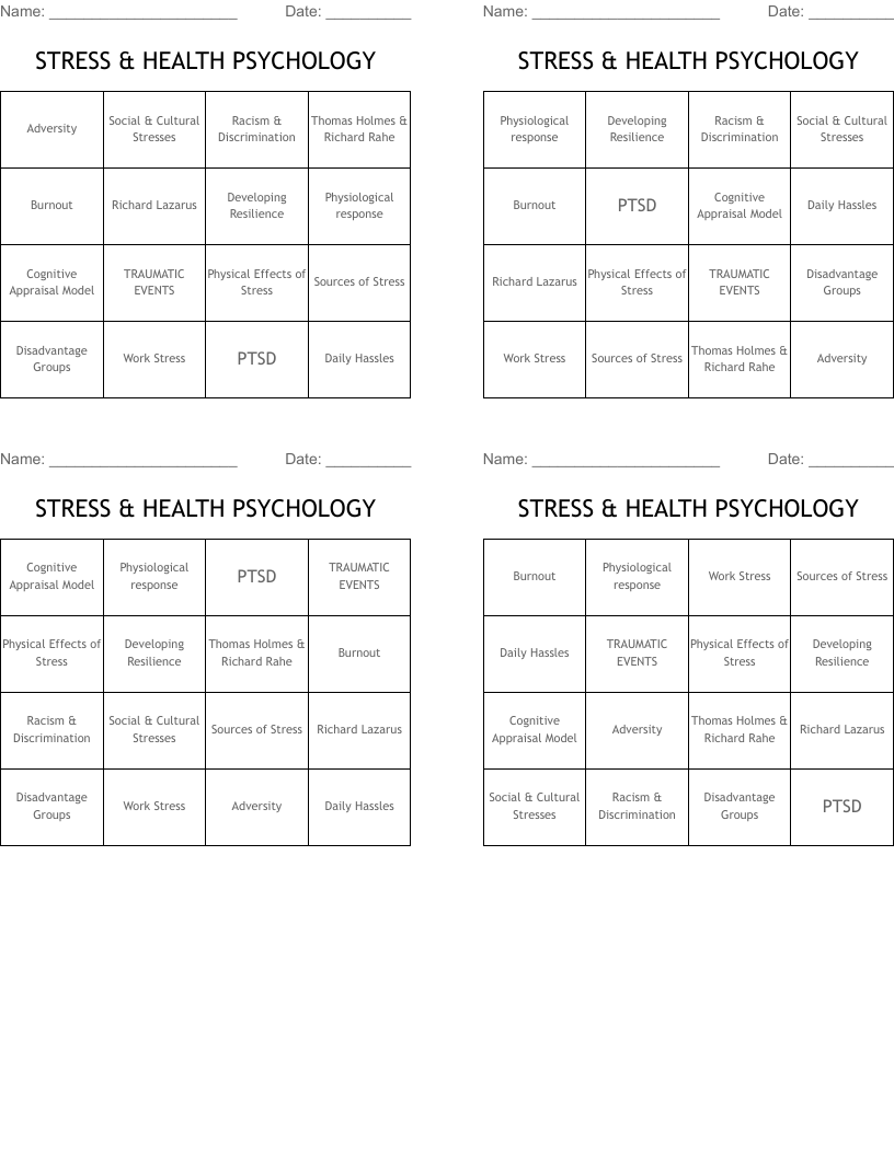 STRESS & HEALTH PSYCHOLOGY Bingo Cards