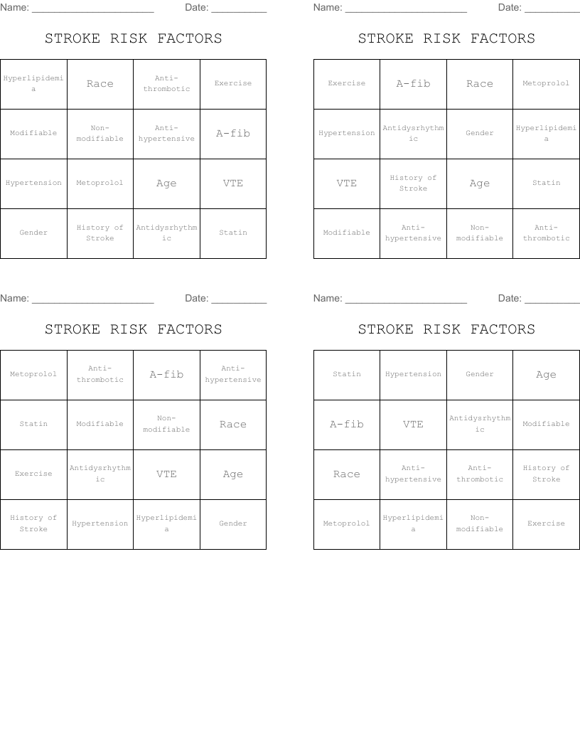 STROKE RISK FACTORS  Bingo Cards