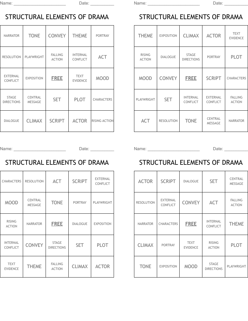 STRUCTURAL ELEMENTS OF DRAMA Bingo Cards