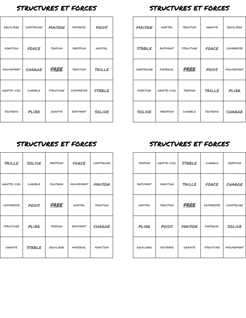 STRUCTURES ET FORCES Bingo Cards