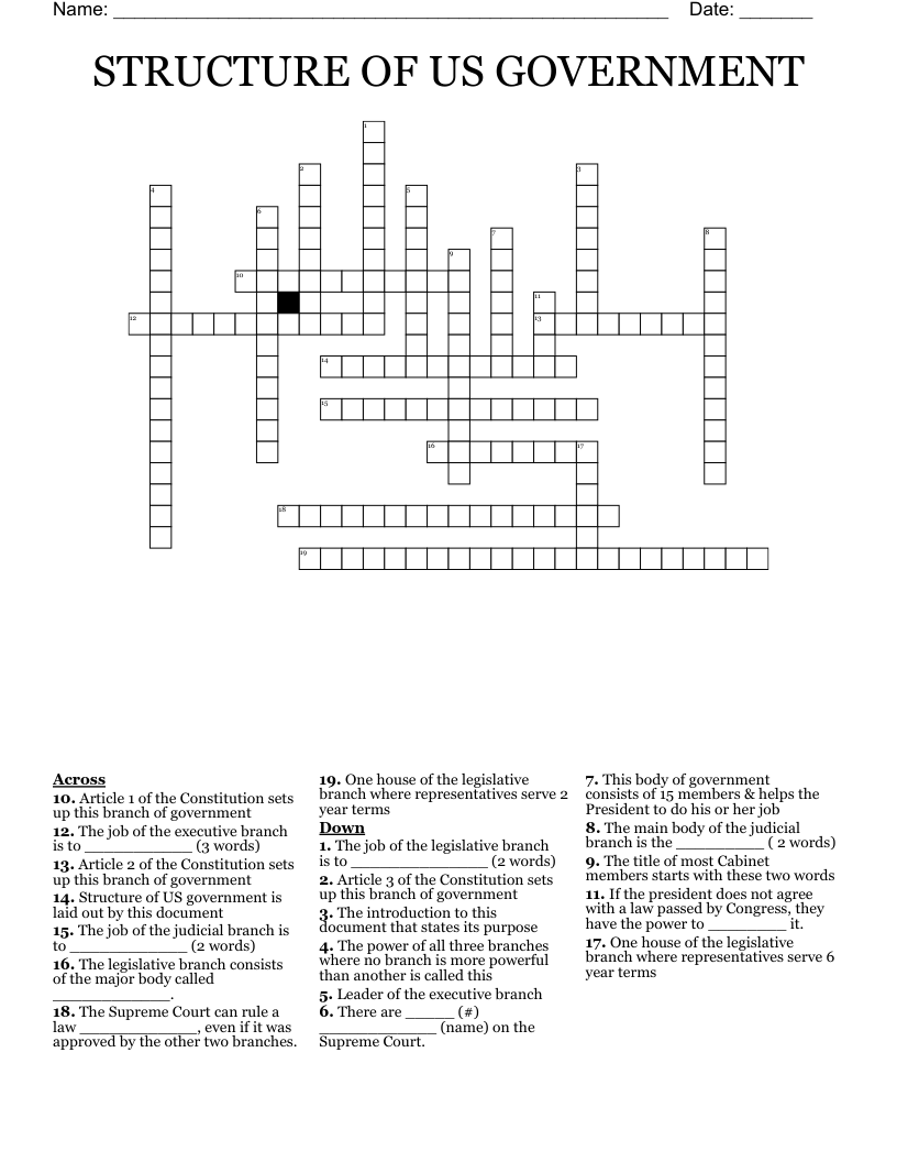 STRUCTURE OF US GOVERNMENT Crossword