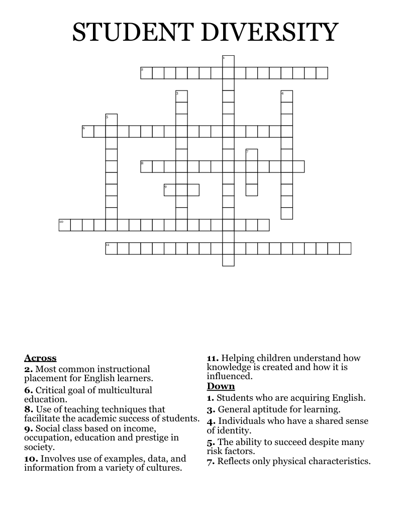 STUDENT DIVERSITY Crossword