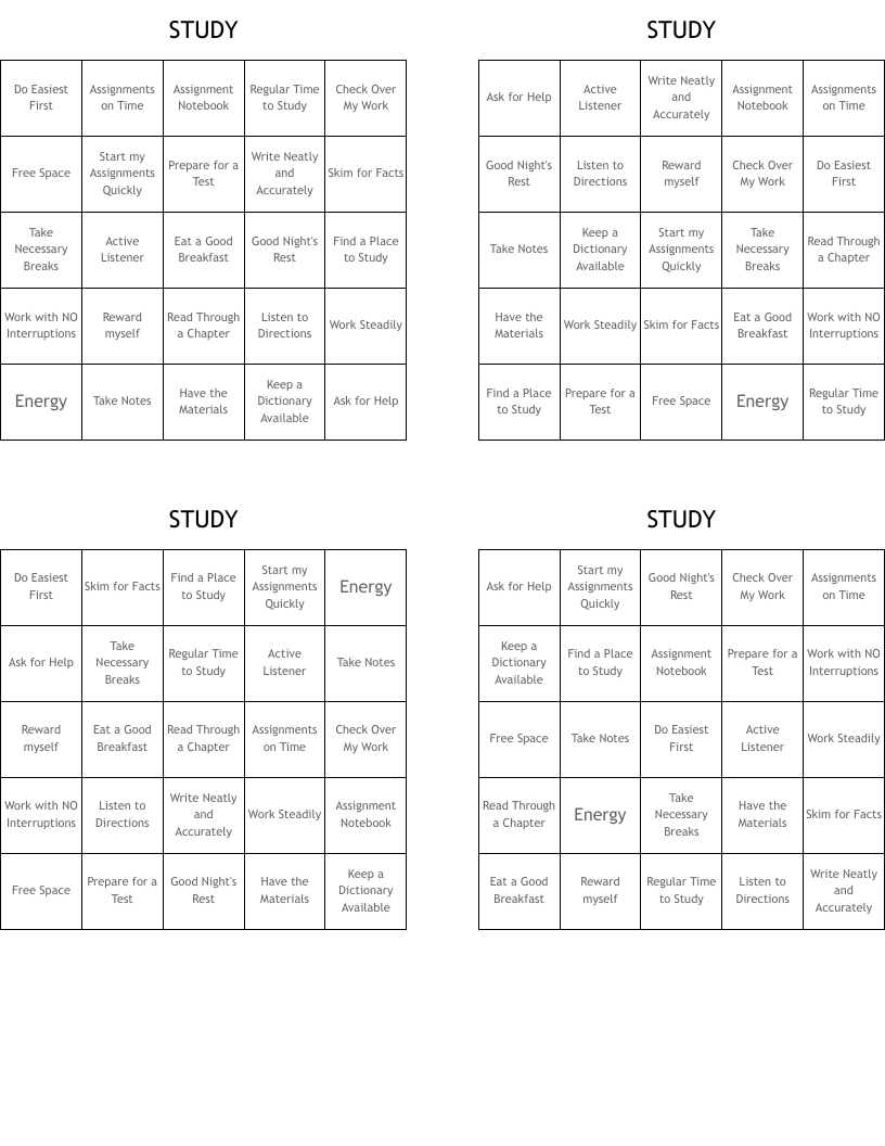 STUDY   Bingo Cards