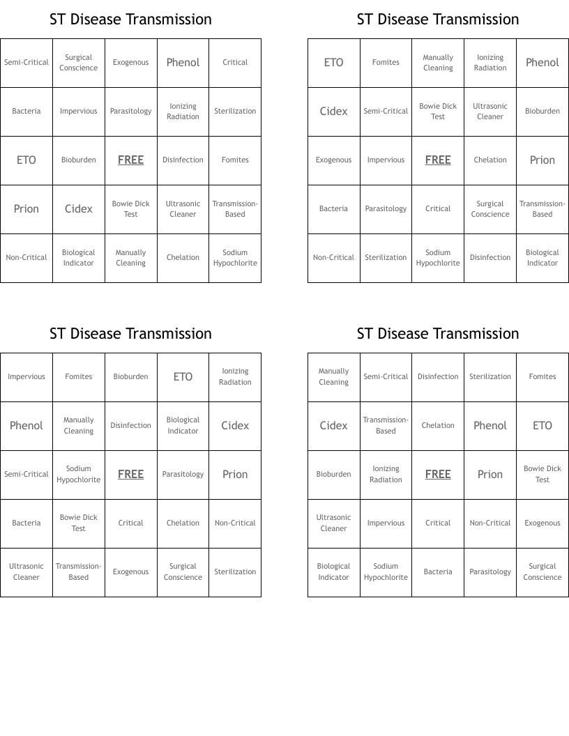 ST Disease Transmission Bingo Cards
