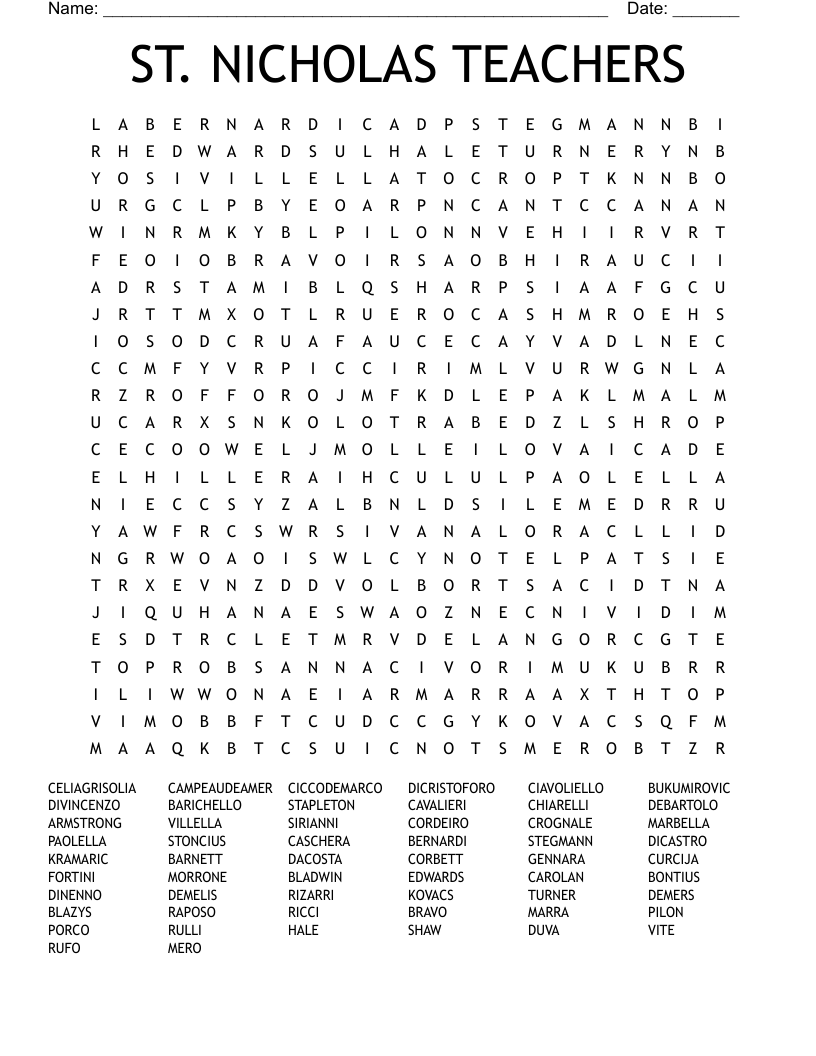 ST. NICHOLAS TEACHERS Word Search