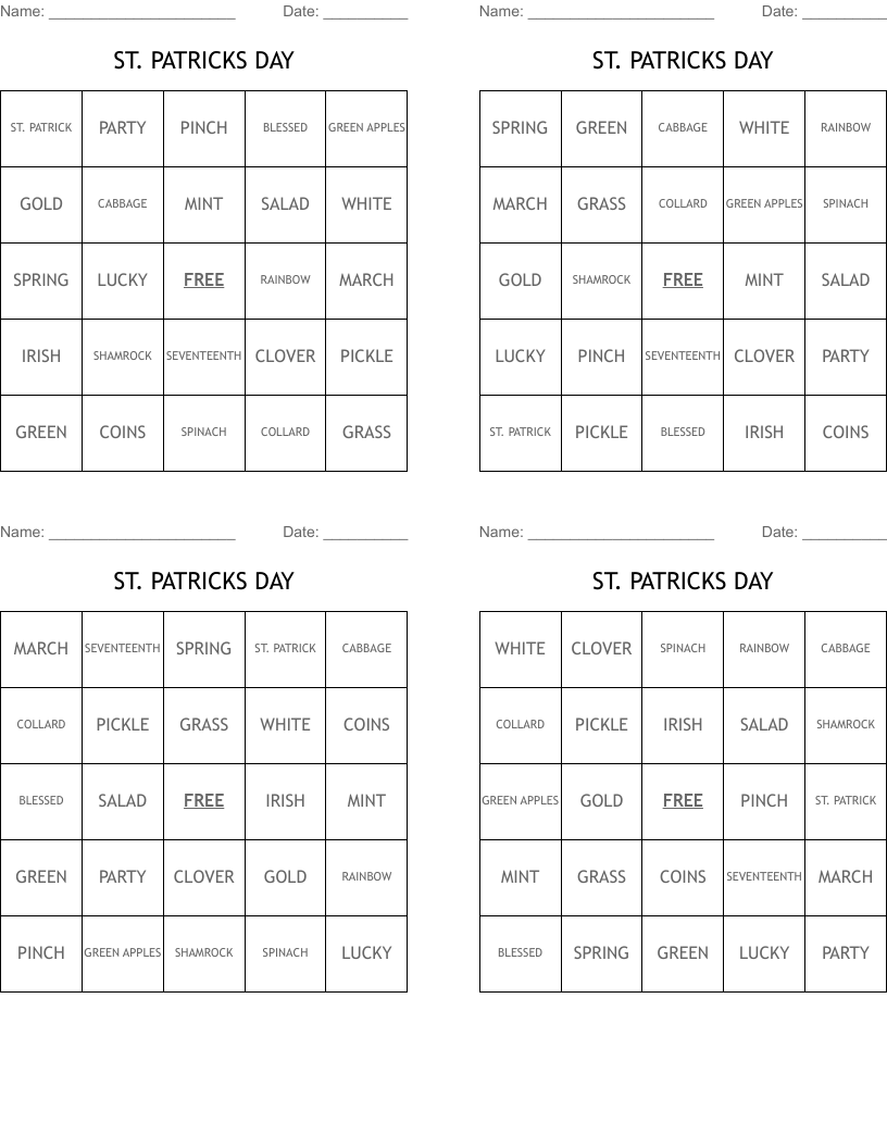 ST. PATRICKS DAY Bingo Cards