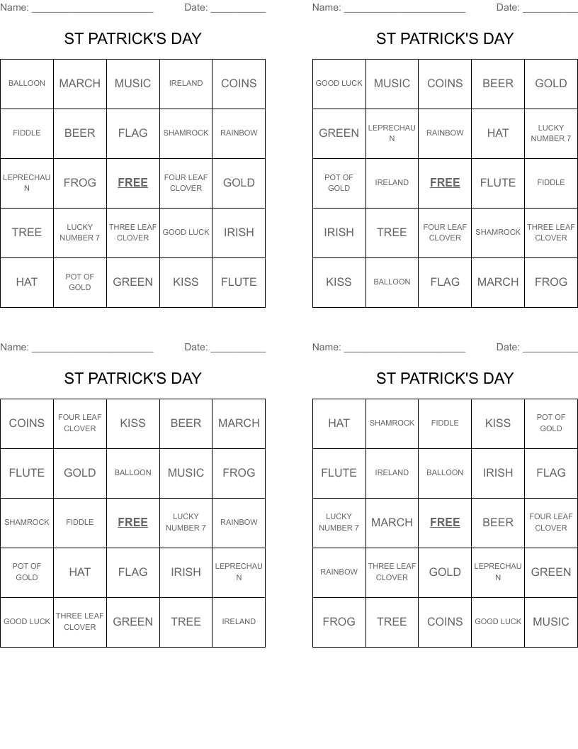 ST PATRICK'S DAY  Bingo Cards