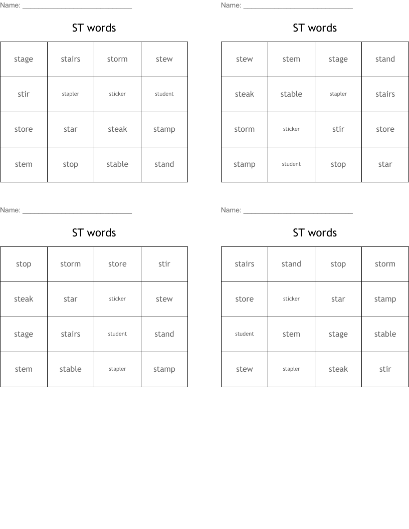 ST words Bingo Cards
