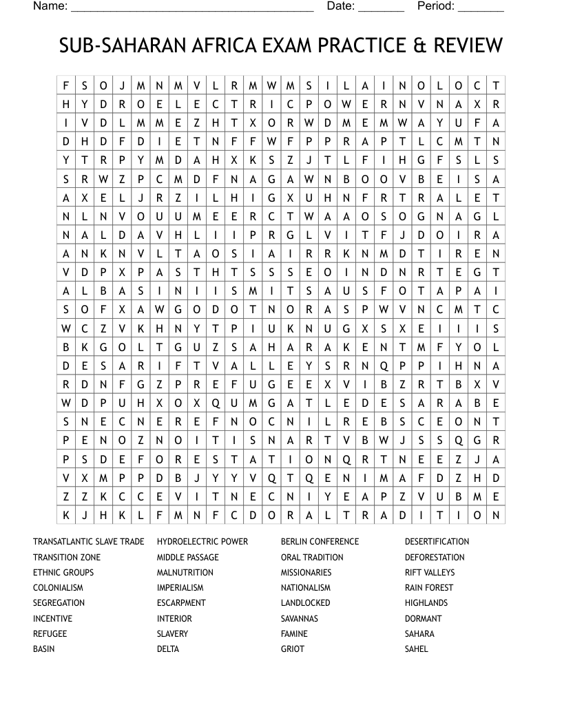 SUB-SAHARAN AFRICA EXAM PRACTICE & REVIEW Word Search