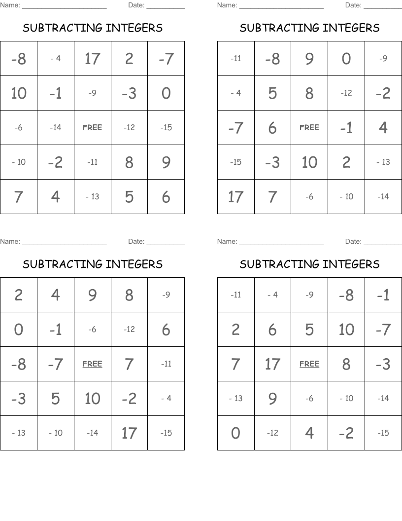 SUBTRACTING INTEGERS Bingo Cards