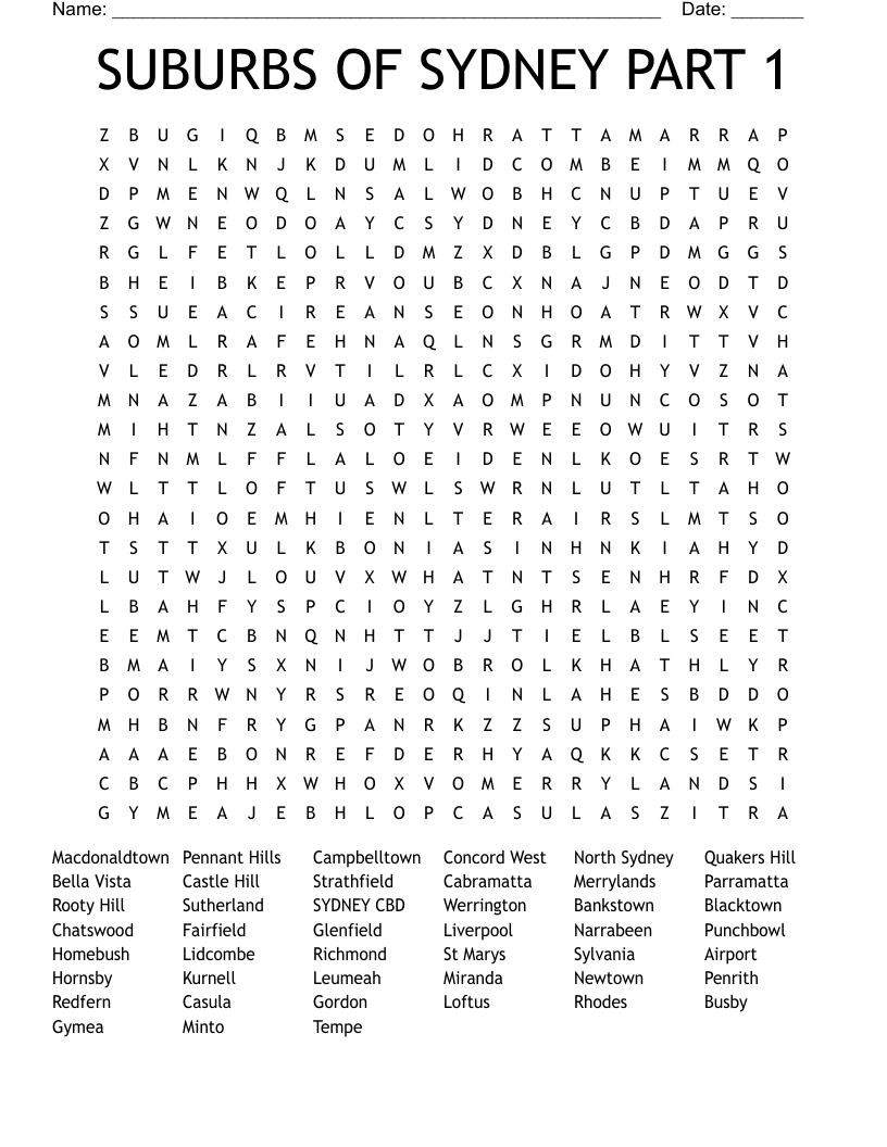SUBURBS OF SYDNEY PART 1 Word Search