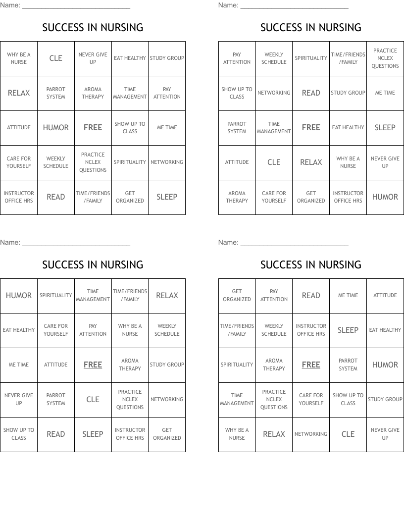 SUCCESS IN NURSING Bingo Cards