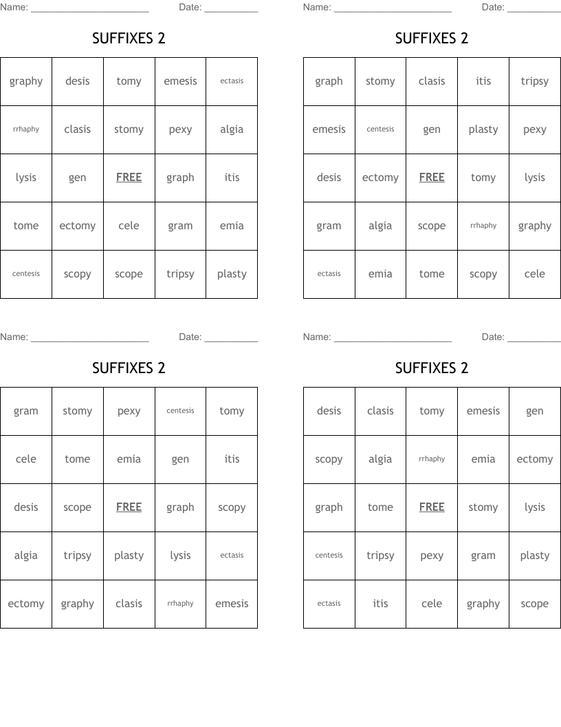 SUFFIXES 2 Bingo Cards
