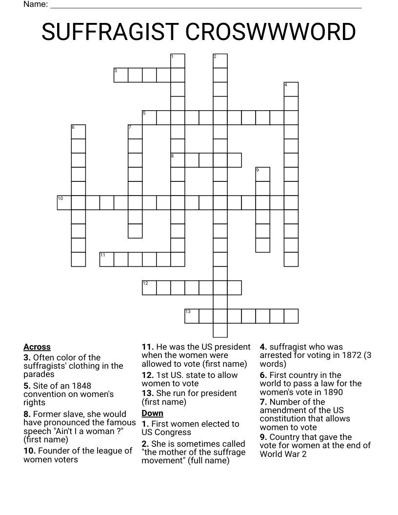 SUFFRAGIST CROSWWWORD Crossword