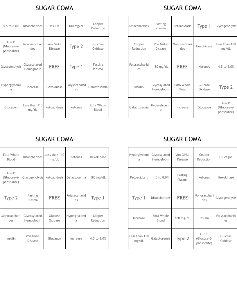 SUGAR COMA Bingo Cards