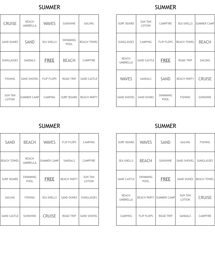 SUMMER Bingo Cards