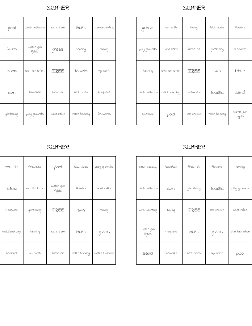 SUMMER Bingo Cards