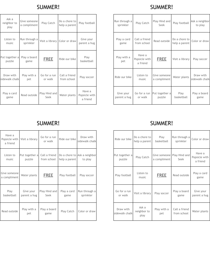 SUMMER! Bingo Cards