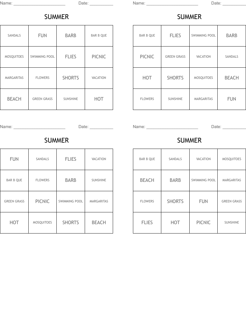SUMMER Bingo Cards