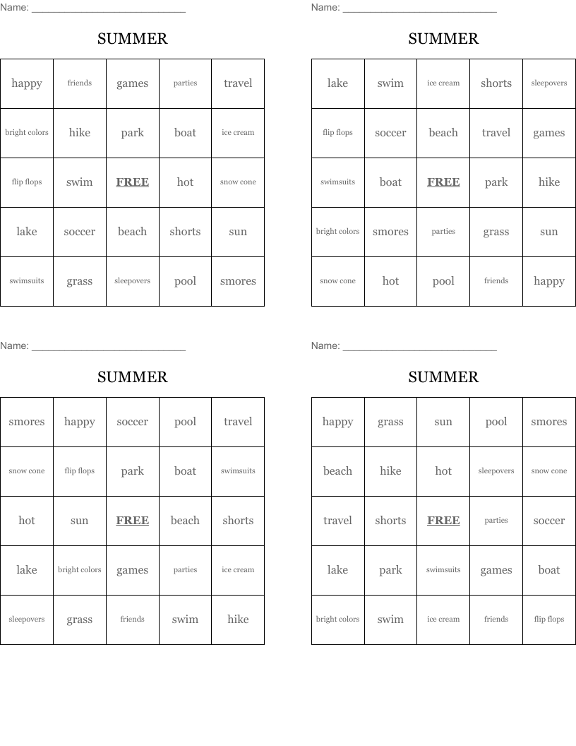 SUMMER Bingo Cards