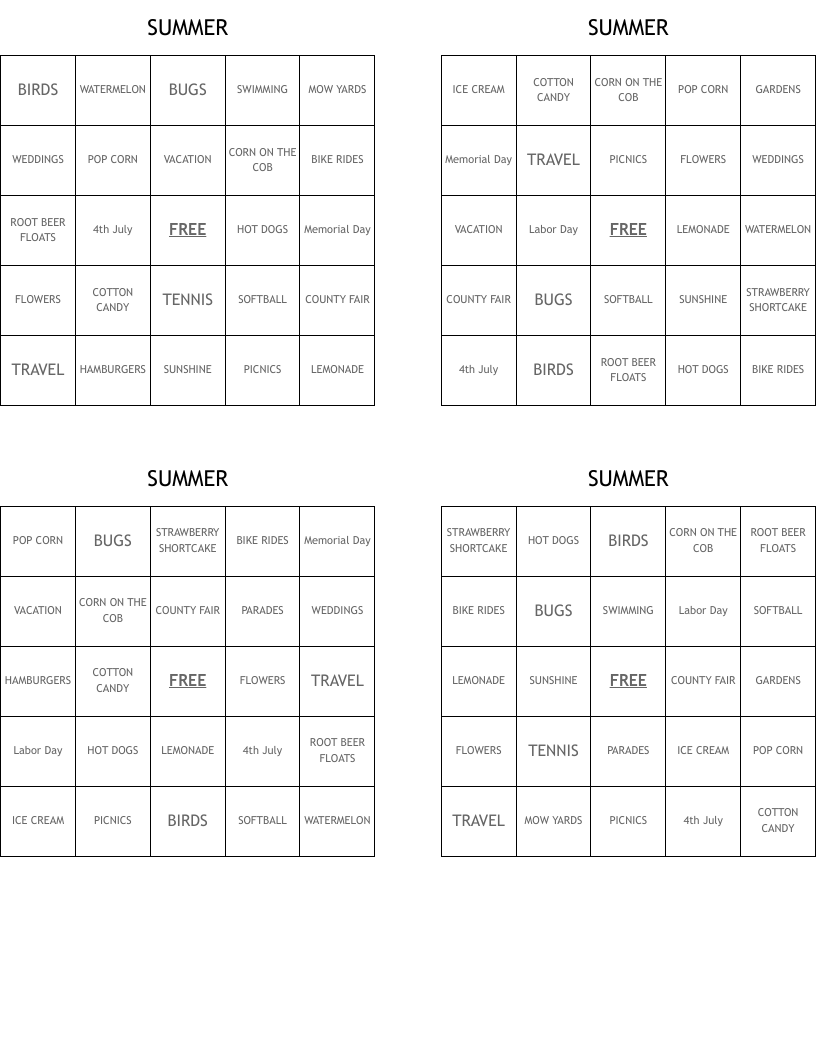 SUMMER Bingo Cards
