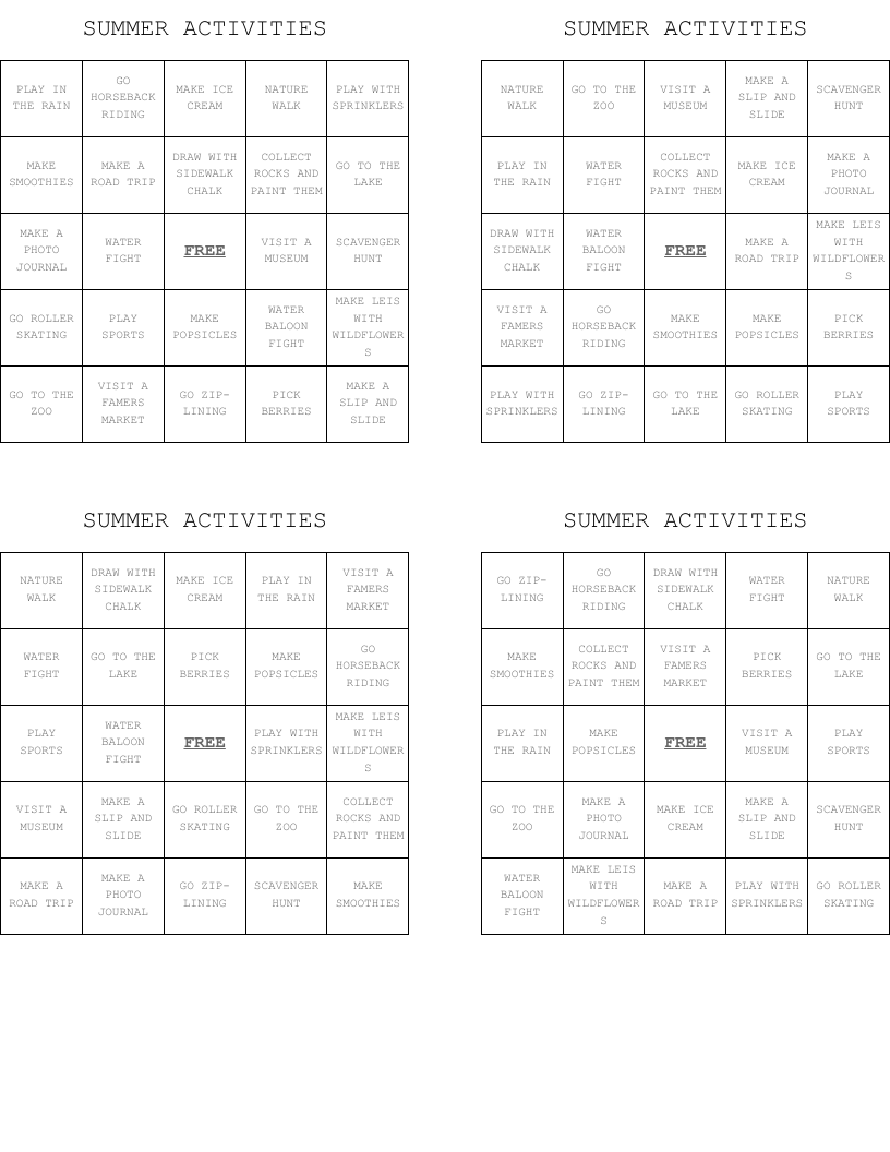 SUMMER ACTIVITIES  Bingo Cards