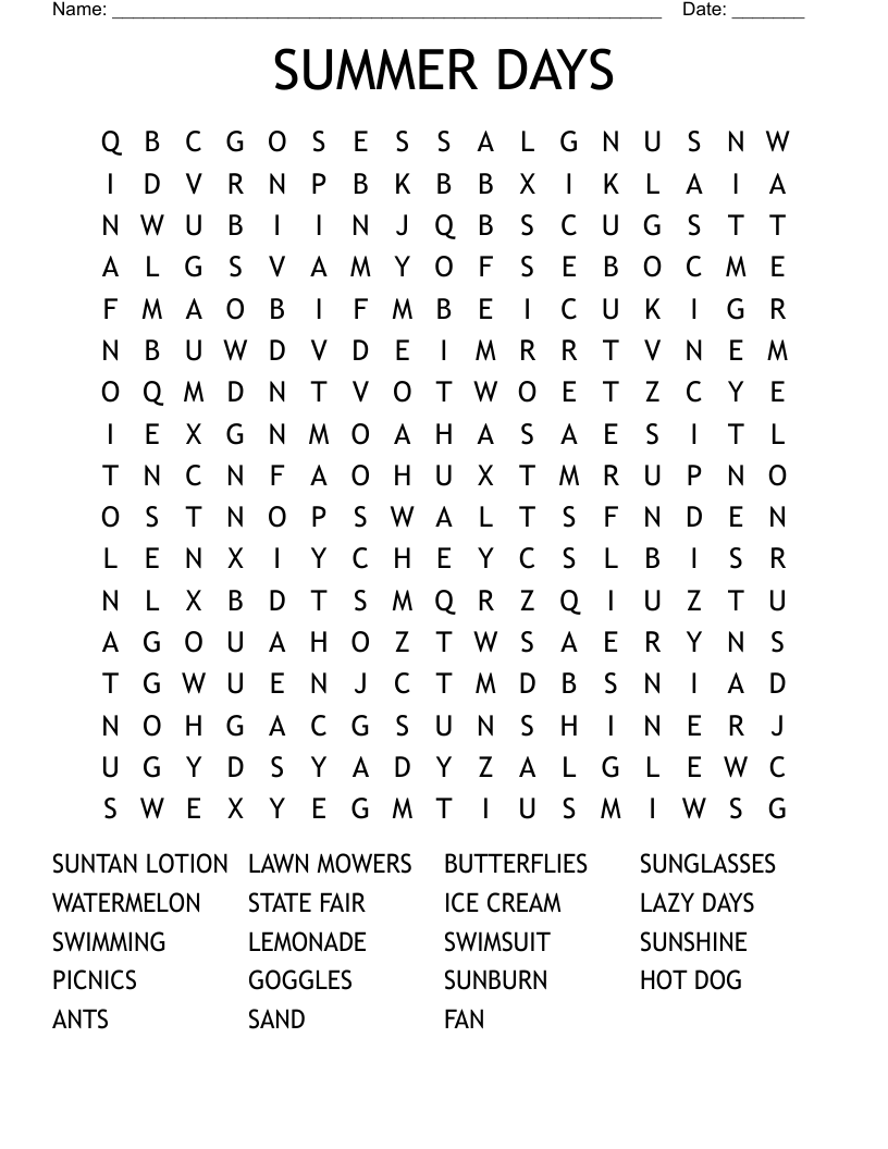 SUMMER DAYS Word Search