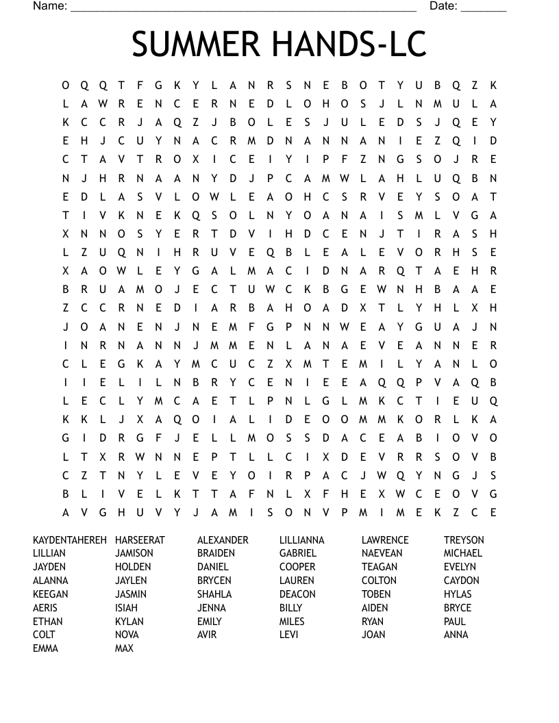 SUMMER HANDS-LC Word Search