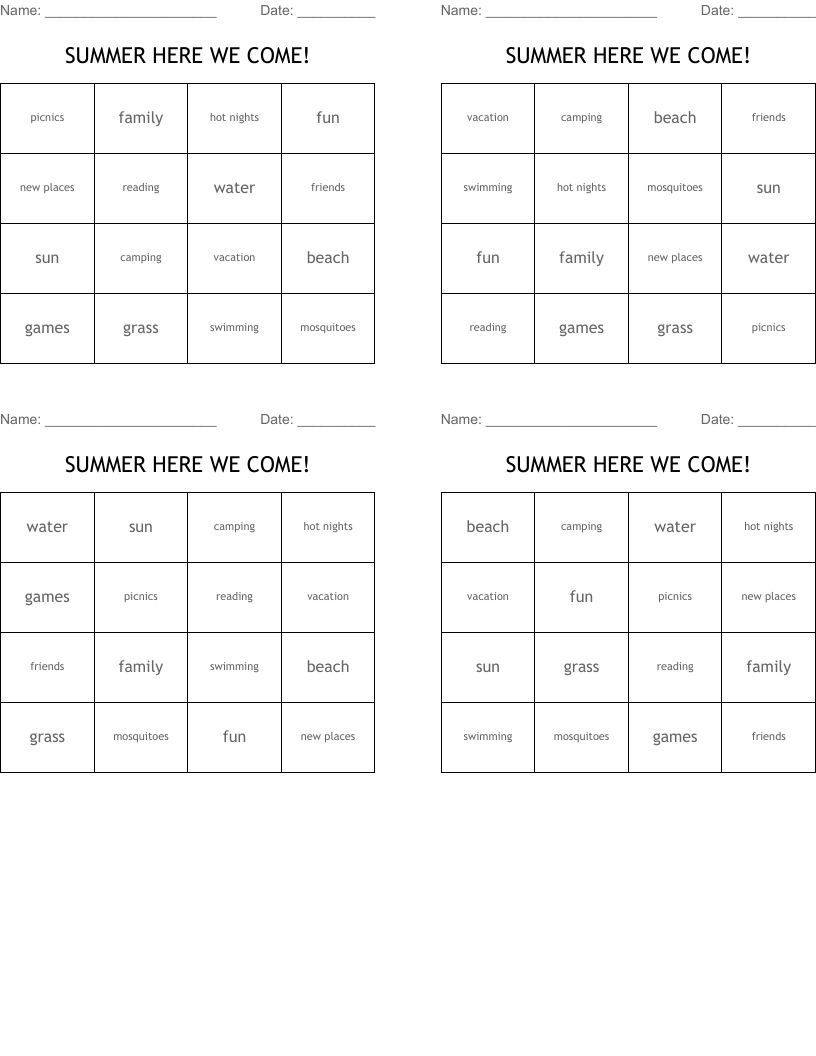 SUMMER HERE WE COME! Bingo Cards
