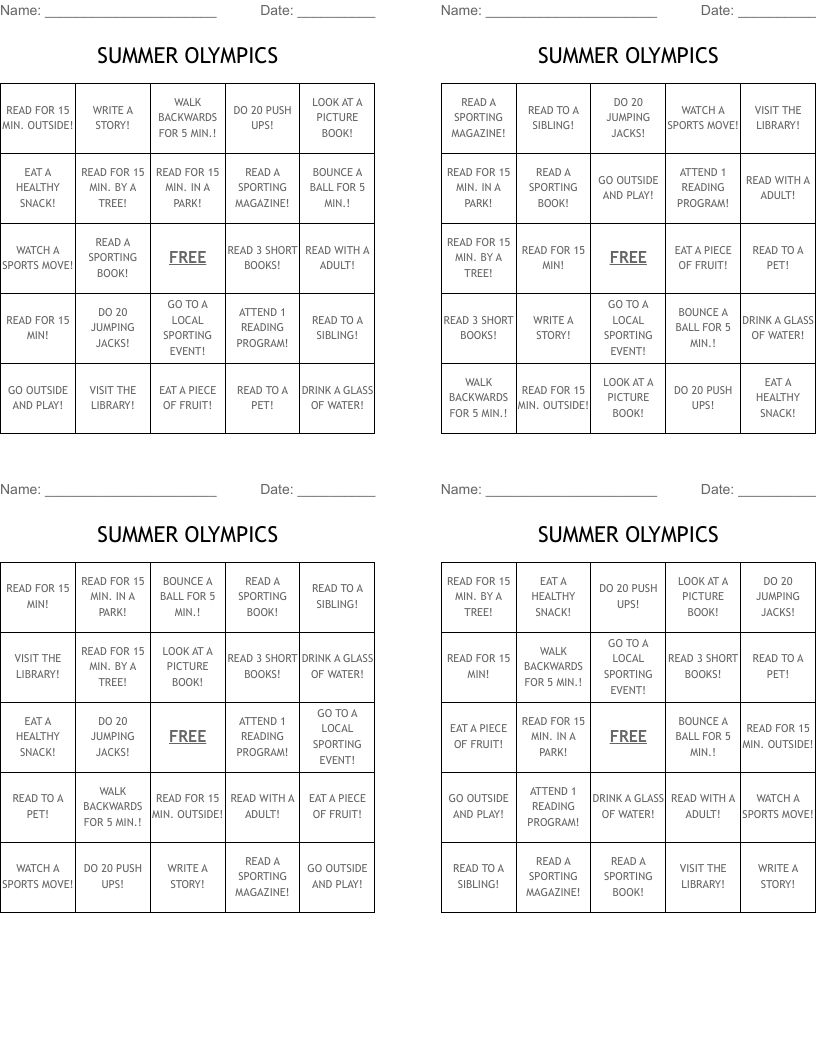 SUMMER OLYMPICS Bingo Cards