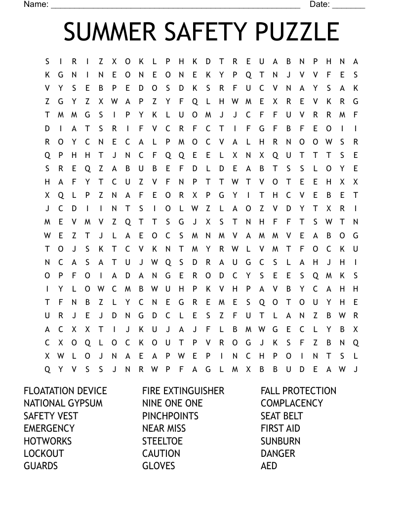 SUMMER SAFETY PUZZLE Word Search