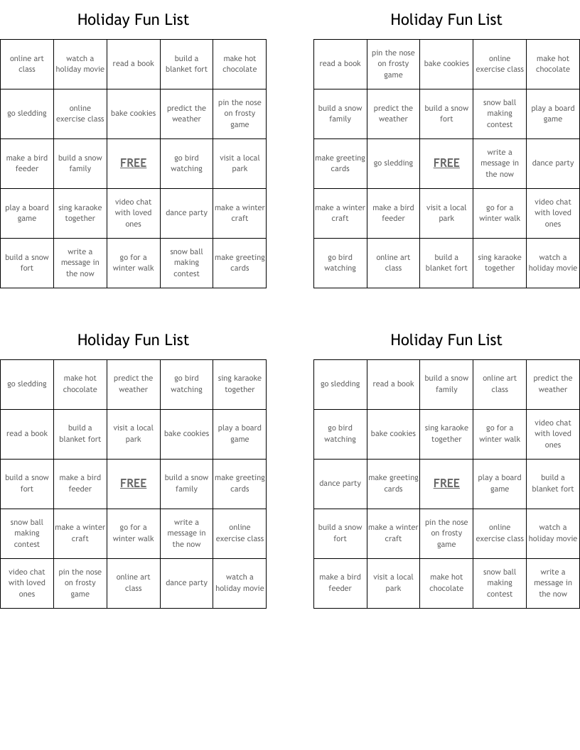 Holiday Fun List Bingo Cards