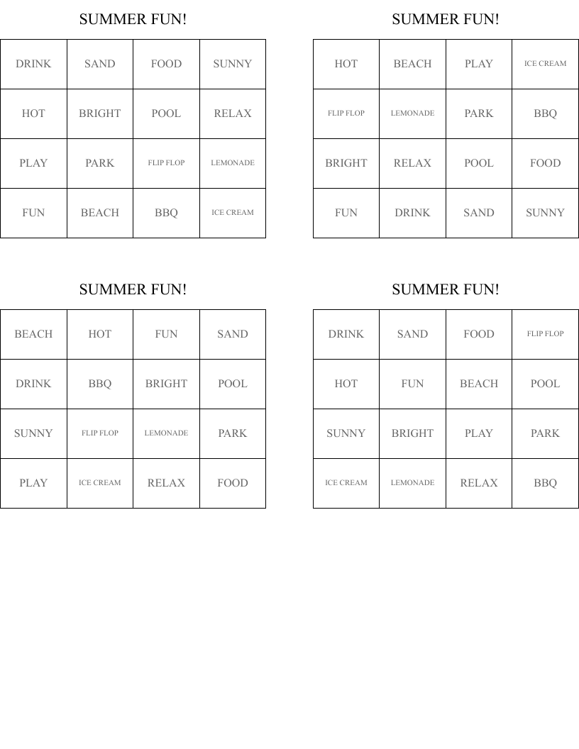 SUMMER  FUN! Bingo Cards