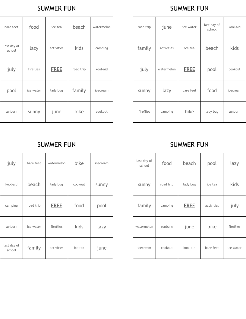 SUMMER  FUN Bingo Cards
