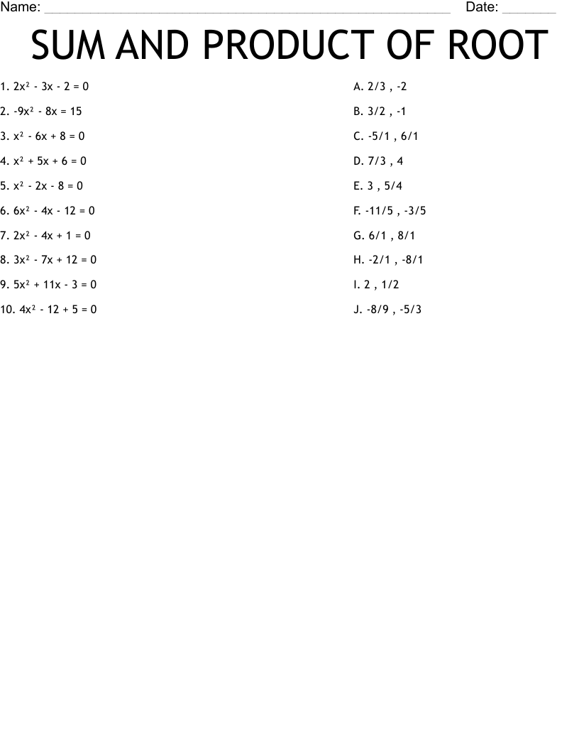 SUM AND PRODUCT OF ROOT Worksheet