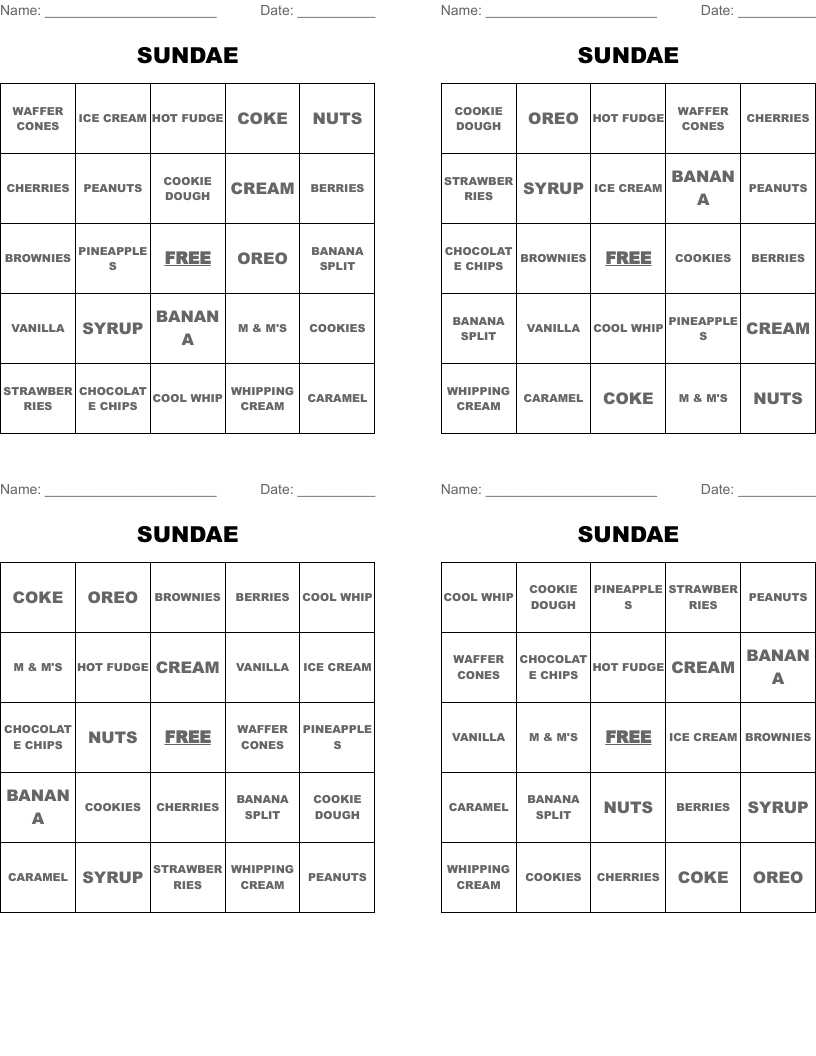 SUNDAE Bingo Cards