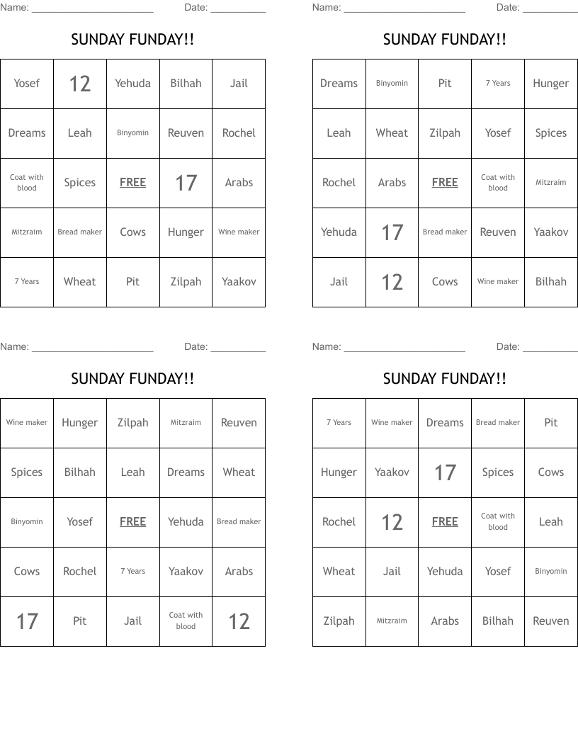 SUNDAY FUNDAY!! Bingo Cards
